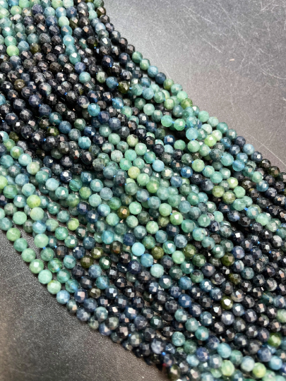 AAA Natural Blue Tourmaline Gemstone Bead Faceted 3-4mm Round Bead, Gorgeous Multi Blue Black Color Tourmaline Beads 15.5" Strand