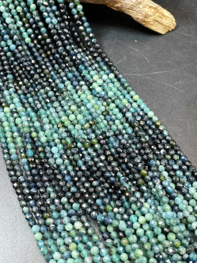 AAA Natural Blue Tourmaline Gemstone Bead Faceted 3-4mm Round Bead, Gorgeous Multi Blue Black Color Tourmaline Beads 15.5" Strand