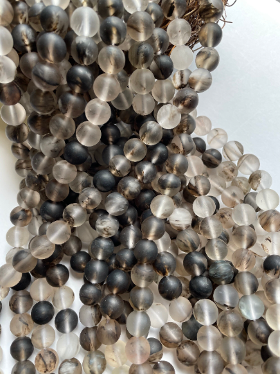 Natural Matte Rutilated Quartz Gemstone Bead 4mm 6mm 8mm 10mm 12mm Round Beads, Natural Matte Black Gray Rutilated Quartz Bead Full 15.5" Strand