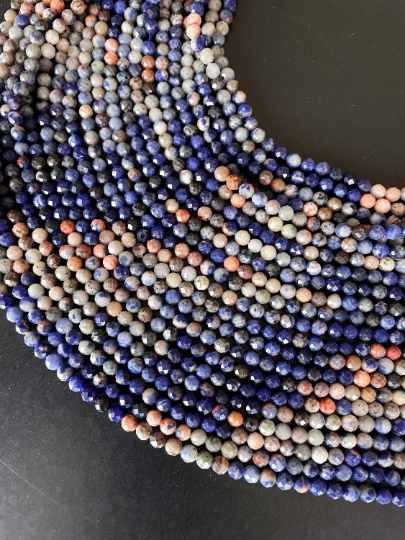 AAA Natural Orange Sunset Sodalite Gemstone Bead Faceted 4mm Round Beads, Gorgeous Natural Blue Orange Color Sodalite, 15.5" Strand