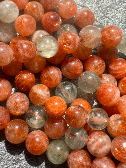 AAA Fire Sunstone Gemstone Beads, Gorgeous Natural Fire Orange Color Sunstone Beads with Rutilated Quartz, Excellent Quality Full Strand 15.5"