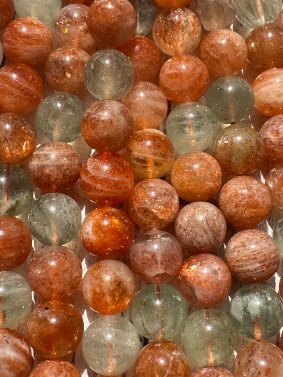 AAA Fire Sunstone Gemstone Beads, Gorgeous Natural Fire Orange Color Sunstone Beads with Rutilated Quartz, Excellent Quality Full Strand 15.5"