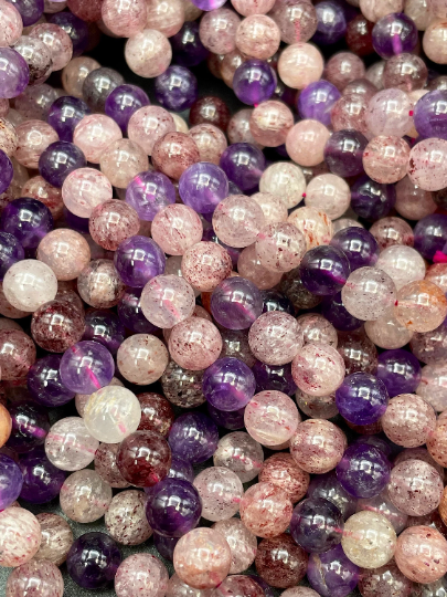 Natural Mixed Gemstone Bead 6mm 8mm 10mm Round Beads, Gorgeous Natural Purple Amethyst & Pink Strawberry Quartz Beads, Excellent Quality Stone Beads