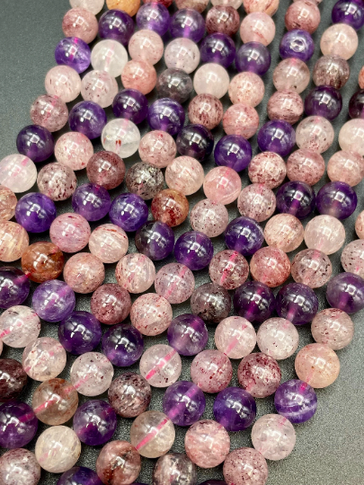 Natural Mixed Gemstone Bead 6mm 8mm 10mm Round Beads, Gorgeous Natural Purple Amethyst & Pink Strawberry Quartz Beads, Excellent Quality Stone Beads