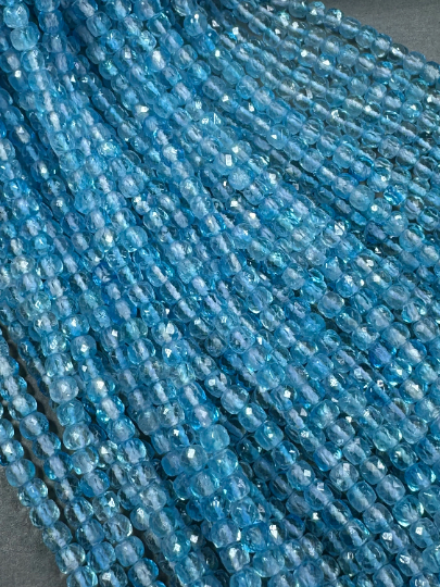 AAA Blue Topaz Gemstone Bead Faceted 4mm Cube Shape Bead, Gorgeous Natural Sea Blue Color Topaz Gemstone Bead, Full Strand 15.5"