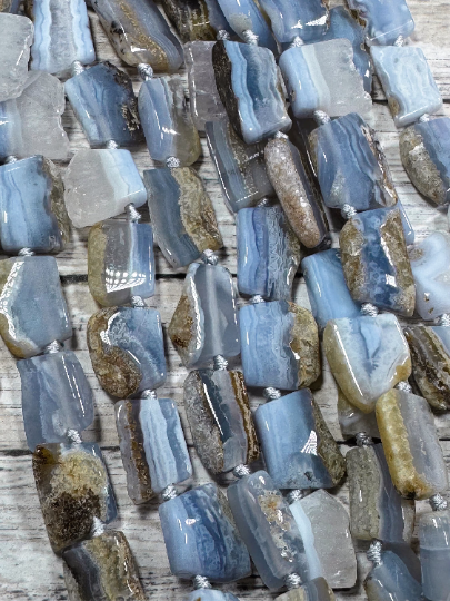 Natural Blue Lace Agate Gemstone Bead Freeform Rectangle Shape, Gorgeous Natural Blue Beige Color Blue Lace Agate Beads, Full Strand 15.5"