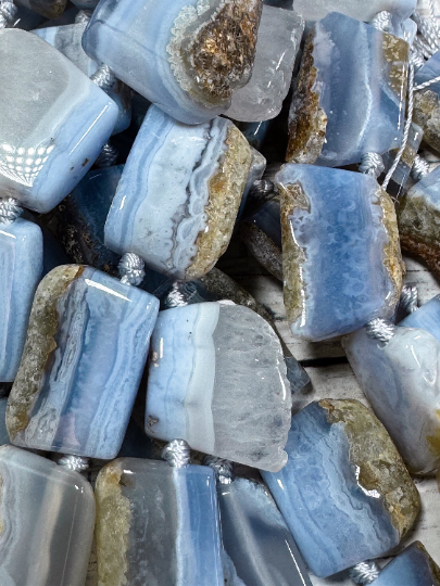 Natural Blue Lace Agate Gemstone Bead Freeform Rectangle Shape, Gorgeous Natural Blue Beige Color Blue Lace Agate Beads, Full Strand 15.5"