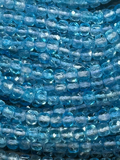 AAA Blue Topaz Gemstone Bead Faceted 4mm Cube Shape Bead, Gorgeous Natural Sea Blue Color Topaz Gemstone Bead, Full Strand 15.5"