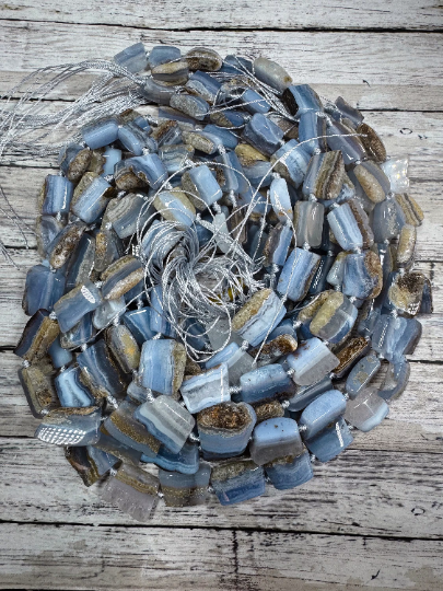 Natural Blue Lace Agate Gemstone Bead Freeform Rectangle Shape, Gorgeous Natural Blue Beige Color Blue Lace Agate Beads, Full Strand 15.5"