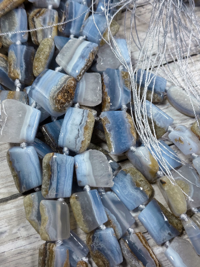 Natural Blue Lace Agate Gemstone Bead Freeform Rectangle Shape, Gorgeous Natural Blue Beige Color Blue Lace Agate Beads, Full Strand 15.5"