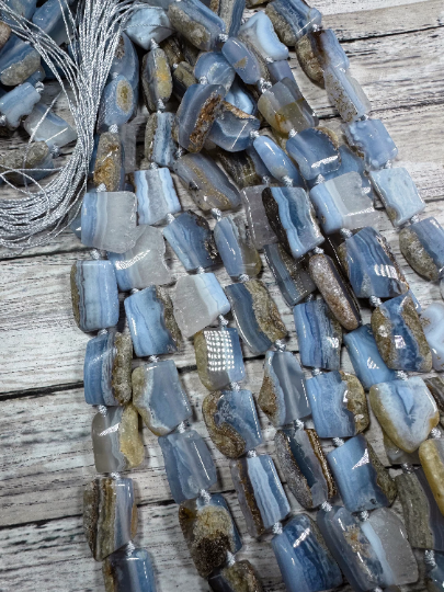 Natural Blue Lace Agate Gemstone Bead Freeform Rectangle Shape, Gorgeous Natural Blue Beige Color Blue Lace Agate Beads, Full Strand 15.5"