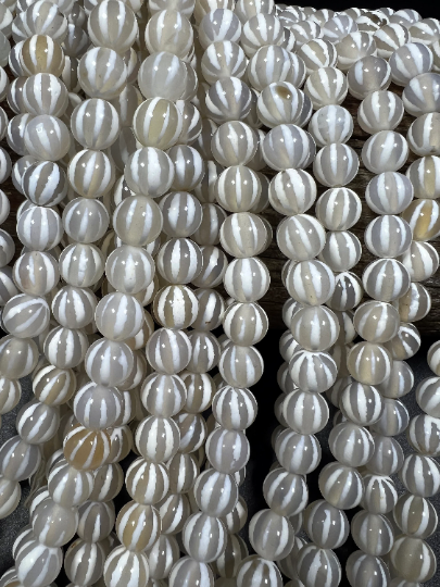 NATURAL Gemstone Tibetan beads hand Painted Agate, 8mm Round Shape, Striped, Beautiful White Color Full Strand 15.5”