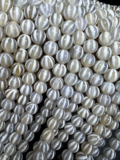 NATURAL Gemstone Tibetan beads hand Painted Agate, 8mm Round Shape, Striped, Beautiful White Color Full Strand 15.5”