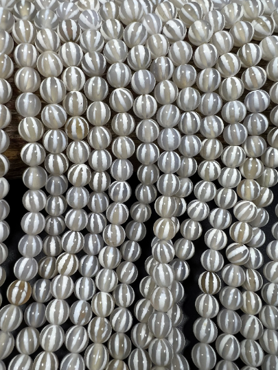 NATURAL Gemstone Tibetan beads hand Painted Agate, 8mm Round Shape, Striped, Beautiful White Color Full Strand 15.5”