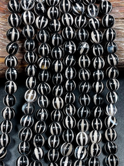 Natural Tibetan Gemstone Bead 6mm 8mm 10mm Round Bead, Beautiful Black White Dzi Striped Tibetan Agate Bead 15.5" Strand