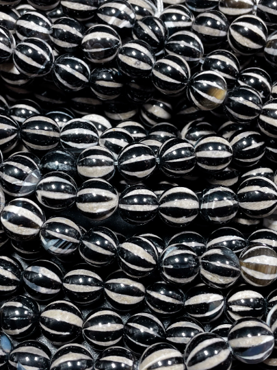 Natural Tibetan Gemstone Bead 6mm 8mm 10mm Round Bead, Beautiful Black White Dzi Striped Tibetan Agate Bead 15.5" Strand