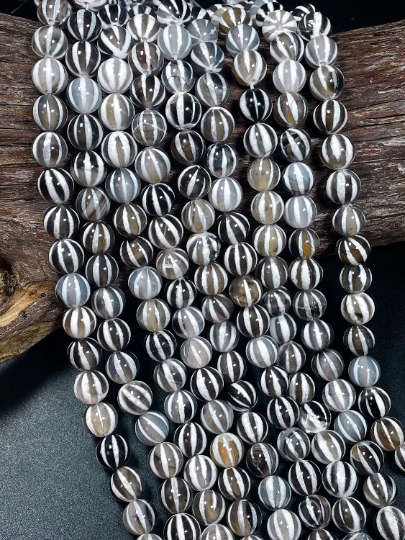 Natural Tibetan Gemstone Bead 6mm 8mm 10mm Round Bead, Beautiful White Black Dzi Striped Tibetan Agate Bead 15.5" Strand