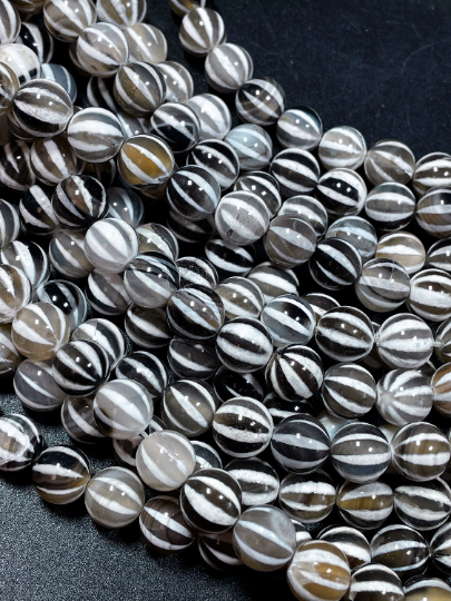 Natural Tibetan Gemstone Bead 6mm 8mm 10mm Round Bead, Beautiful White Black Dzi Striped Tibetan Agate Bead 15.5" Strand