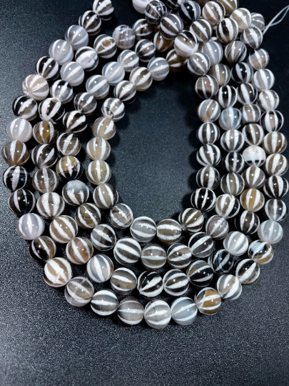 Natural Tibetan Gemstone Bead 6mm 8mm 10mm Round Bead, Beautiful White Black Dzi Striped Tibetan Agate Bead 15.5" Strand