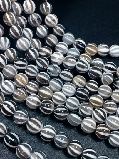 Natural Tibetan Gemstone Bead 6mm 8mm 10mm Round Bead, Beautiful White Black Dzi Striped Tibetan Agate Bead 15.5" Strand