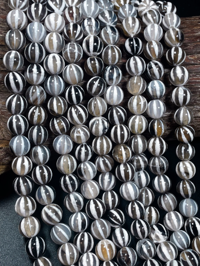 Natural Tibetan Gemstone Bead 6mm 8mm 10mm Round Bead, Beautiful White Black Dzi Striped Tibetan Agate Bead 15.5" Strand