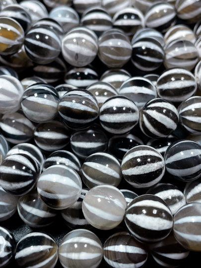 Natural Tibetan Gemstone Bead 6mm 8mm 10mm Round Bead, Beautiful White Black Dzi Striped Tibetan Agate Bead 15.5" Strand