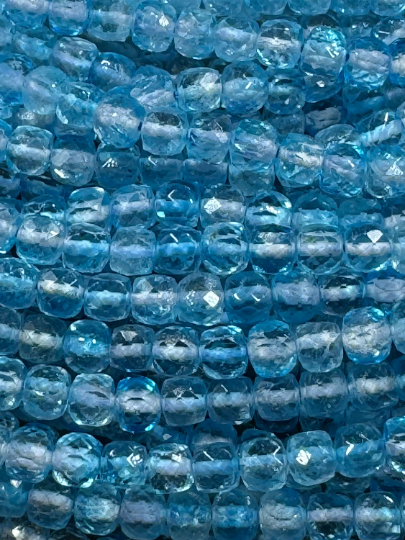 AAA Blue Topaz Gemstone Bead Faceted 4mm Cube Shape Bead, Gorgeous Natural Sea Blue Color Topaz Gemstone Bead, Full Strand 15.5"