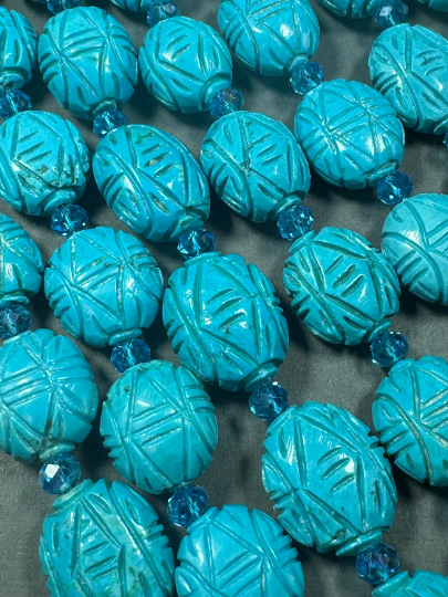 Hand Carved Blue Turquoise Gemstone Beads, Oval Shape Excellent Quality Handmade Unique Design Turquoise Beads