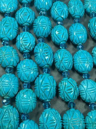 Hand Carved Blue Turquoise Gemstone Beads, Oval Shape Excellent Quality Handmade Unique Design Turquoise Beads