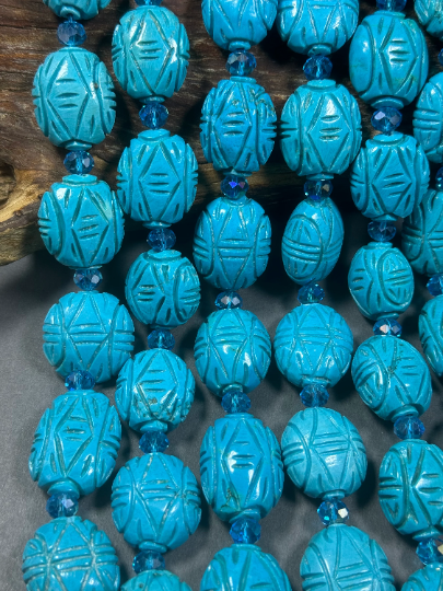 Hand Carved Blue Turquoise Gemstone Beads, Oval Shape Excellent Quality Handmade Unique Design Turquoise Beads