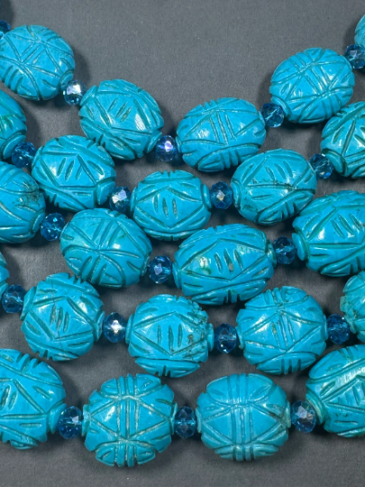 Hand Carved Blue Turquoise Gemstone Beads, Oval Shape Excellent Quality Handmade Unique Design Turquoise Beads