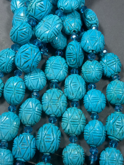 Hand Carved Blue Turquoise Gemstone Beads, Oval Shape Excellent Quality Handmade Unique Design Turquoise Beads