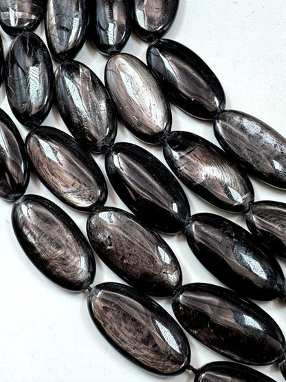Natural Hypersthene Gemstone Beads: Black Oval Shape Rainbow Flash, 15.5" Strand