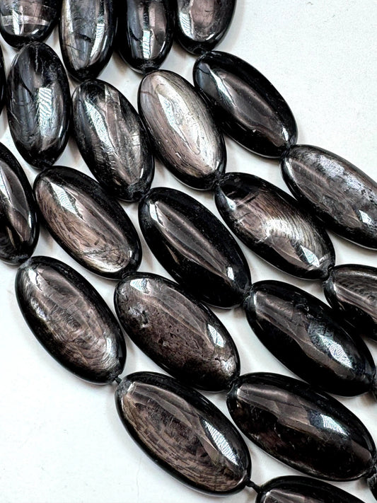Natural Hypersthene Gemstone Beads: Black Oval Shape Rainbow Flash, 15.5" Strand