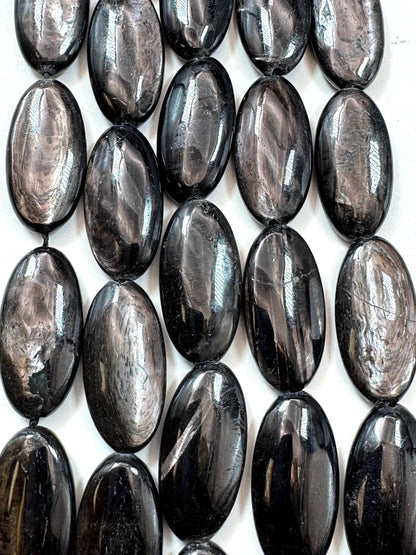 Natural Hypersthene Gemstone Beads: Black Oval Shape Rainbow Flash, 15.5" Strand