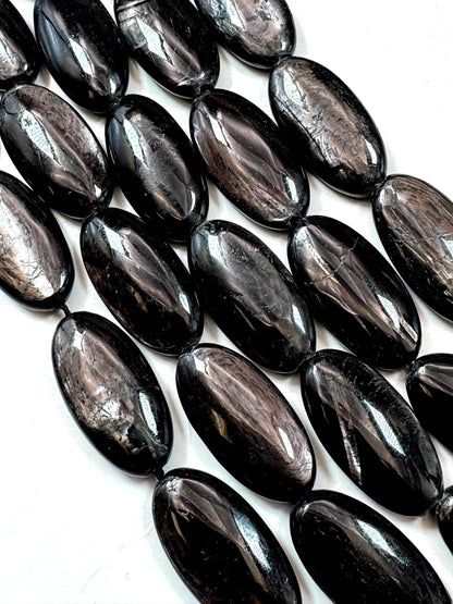 Natural Hypersthene Gemstone Beads: Black Oval Shape Rainbow Flash, 15.5" Strand