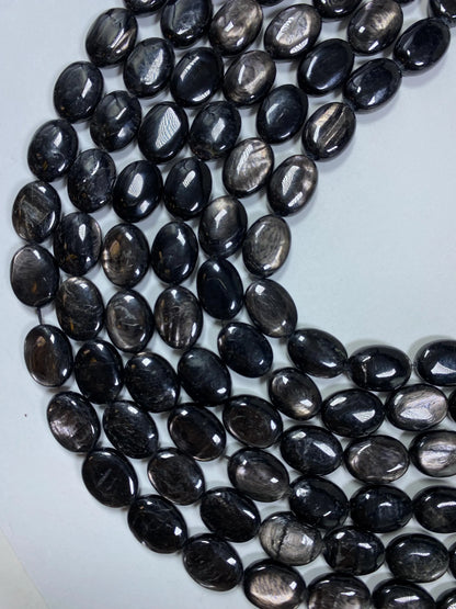 Natural Hypersthene Gemstone Beads: Black Oval Shape Rainbow Flash, 15.5" Strand