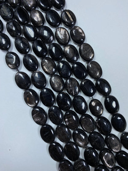Natural Hypersthene Gemstone Beads: Black Oval Shape Rainbow Flash, 15.5" Strand