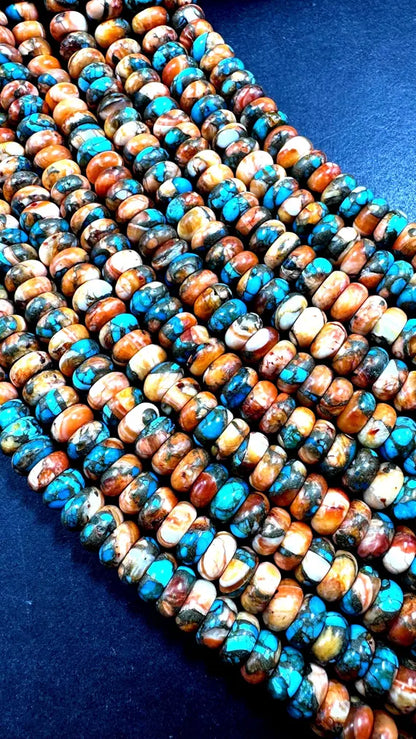 100% Natural turquoise with spiny oyster shell bead.  Rondelle shape . Gorgeous Natural blue orange color. Not treated ! Full strand 15.5”
