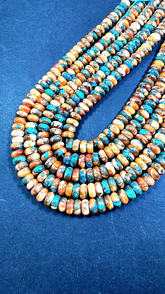 100% Natural turquoise with spiny oyster shell bead.  Rondelle shape . Gorgeous Natural blue orange color. Not treated ! Full strand 15.5”