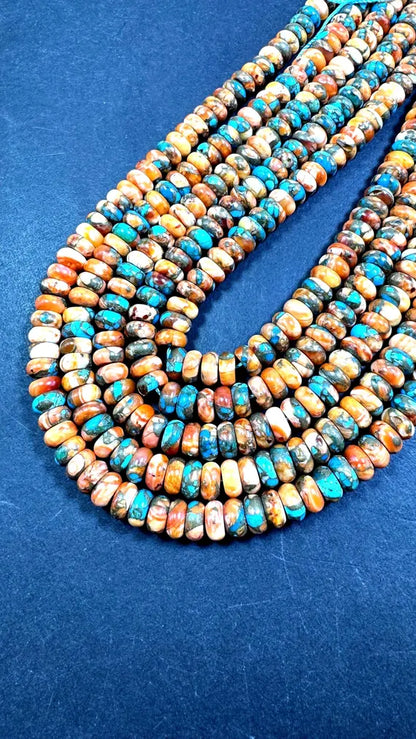 100% Natural turquoise with spiny oyster shell bead.  Rondelle shape . Gorgeous Natural blue orange color. Not treated ! Full strand 15.5”