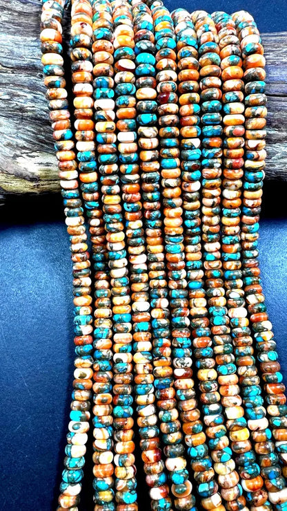 100% Natural turquoise with spiny oyster shell bead.  Rondelle shape . Gorgeous Natural blue orange color. Not treated ! Full strand 15.5”