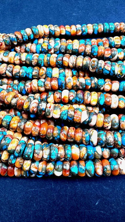 100% Natural turquoise with spiny oyster shell bead.  Rondelle shape . Gorgeous Natural blue orange color. Not treated ! Full strand 15.5”
