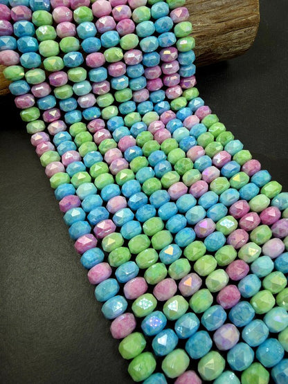 Beautiful Chinese Crystal Faceted Rondelle shape, Multicolor pink,blue,light green colors. Great Quality, Full Strand 15.5’.