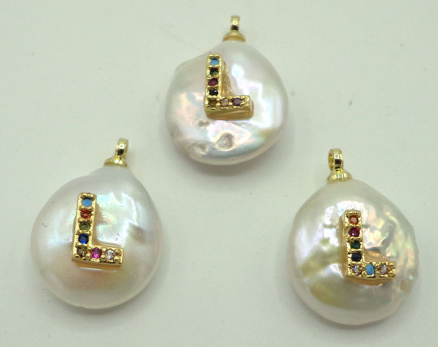 NATURAL Fresh Water Pearl Pendant with Letter Pave, Round Pendant 14x15mm, Great for making JEWELRY! Not treated in anyway! AAA quality!