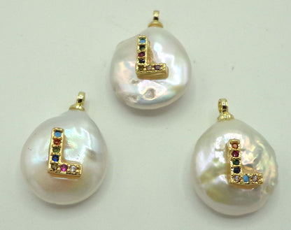 NATURAL Fresh Water Pearl Pendant with Letter Pave, Round Pendant 14x15mm, Great for making JEWELRY! Not treated in anyway! AAA quality!