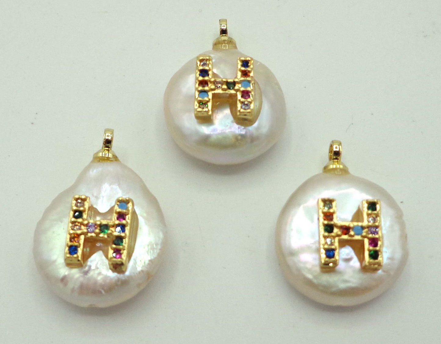 NATURAL Fresh Water Pearl Pendant with Letter Pave, Round Pendant 14x15mm, Great for making JEWELRY! Not treated in anyway! AAA quality!