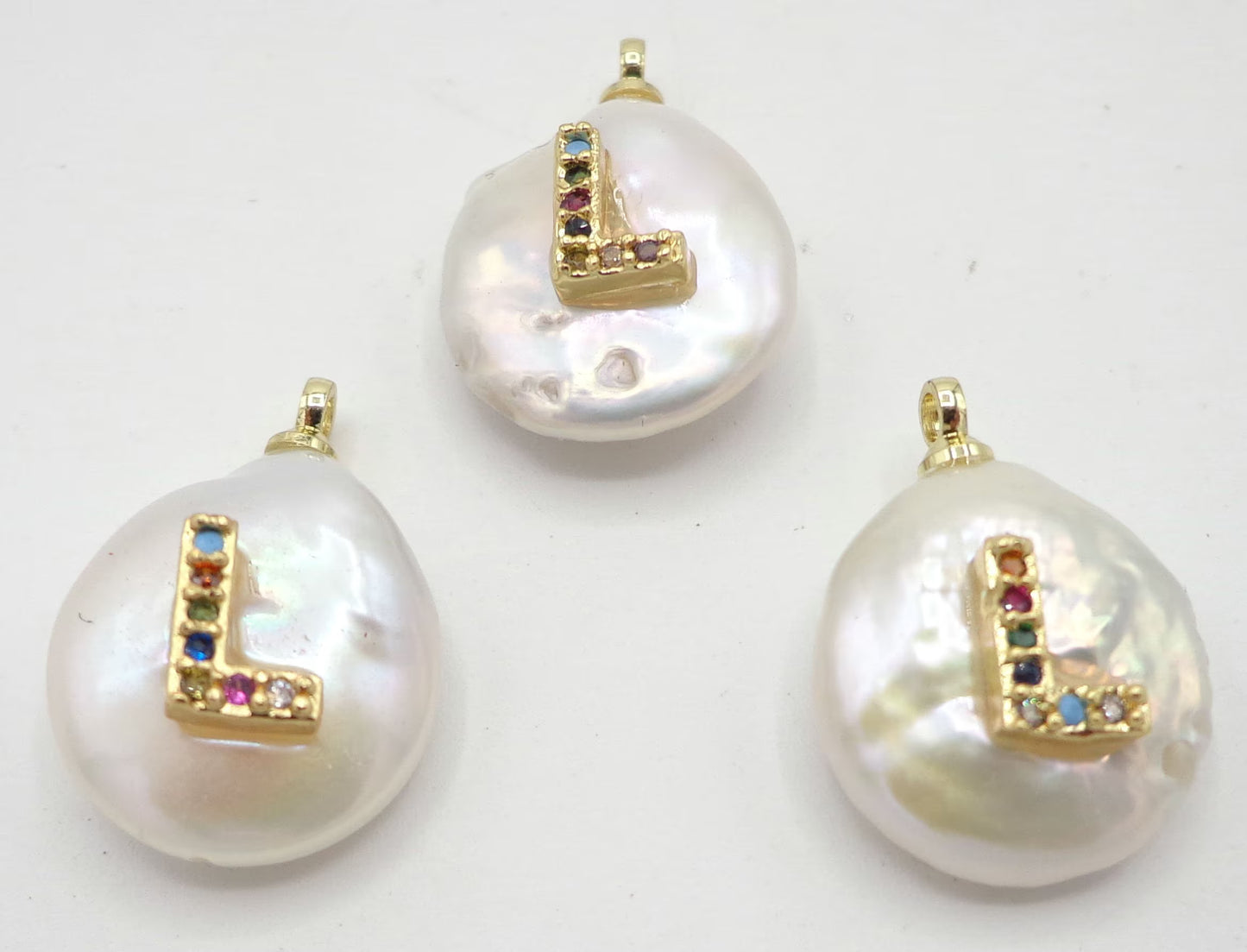 NATURAL Fresh Water Pearl Pendant with Letter Pave, Round Pendant 14x15mm, Great for making JEWELRY! Not treated in anyway! AAA quality!