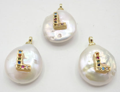NATURAL Fresh Water Pearl Pendant with Letter Pave, Round Pendant 14x15mm, Great for making JEWELRY! Not treated in anyway! AAA quality!