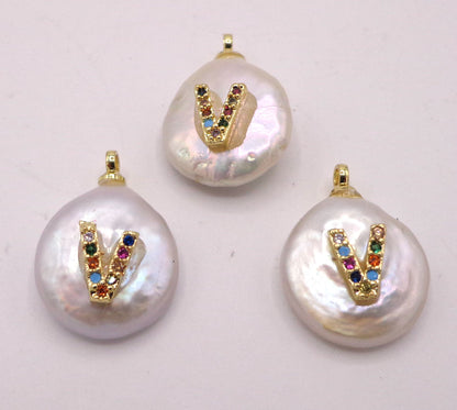 NATURAL Fresh Water Pearl Pendant with Letter Pave, Round Pendant 14x15mm, Great for making JEWELRY! Not treated in anyway! AAA quality!